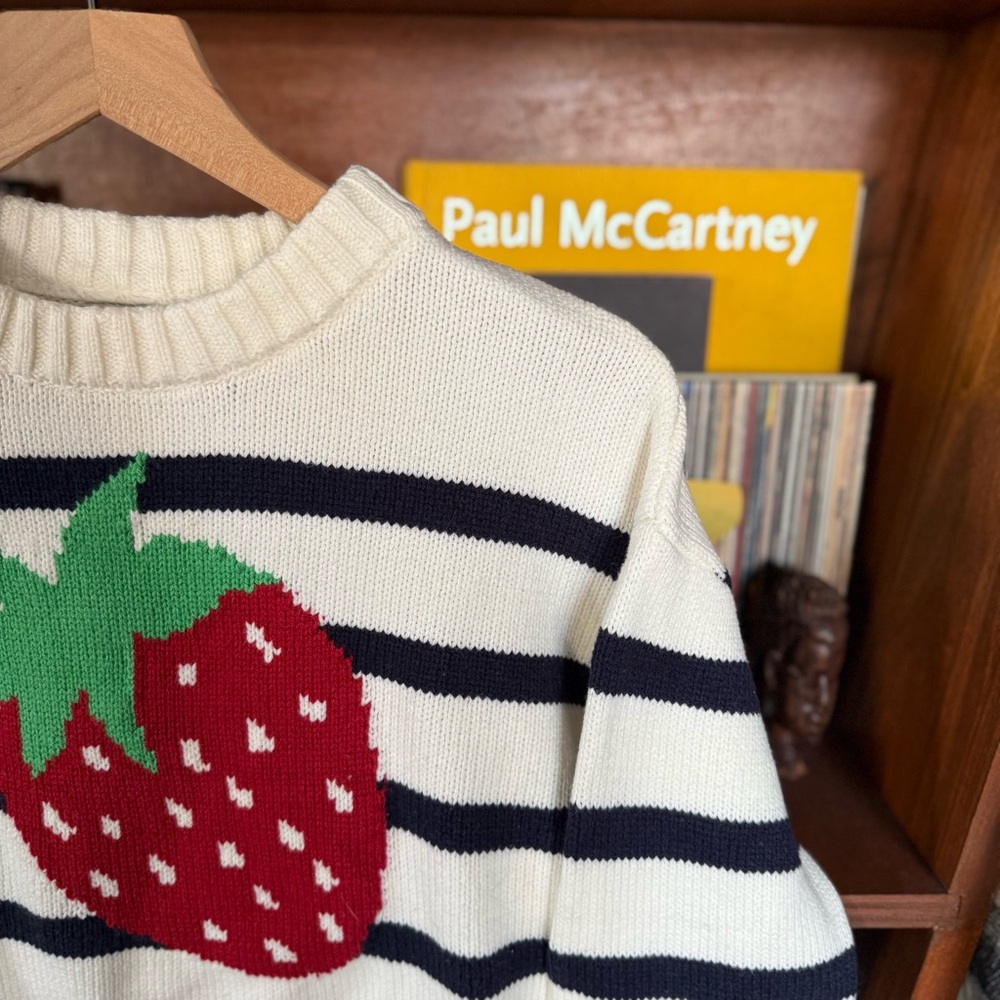Freshman 1996 - Strawberry White Blue Stripe Knit Crop Sweater - Women’s XS